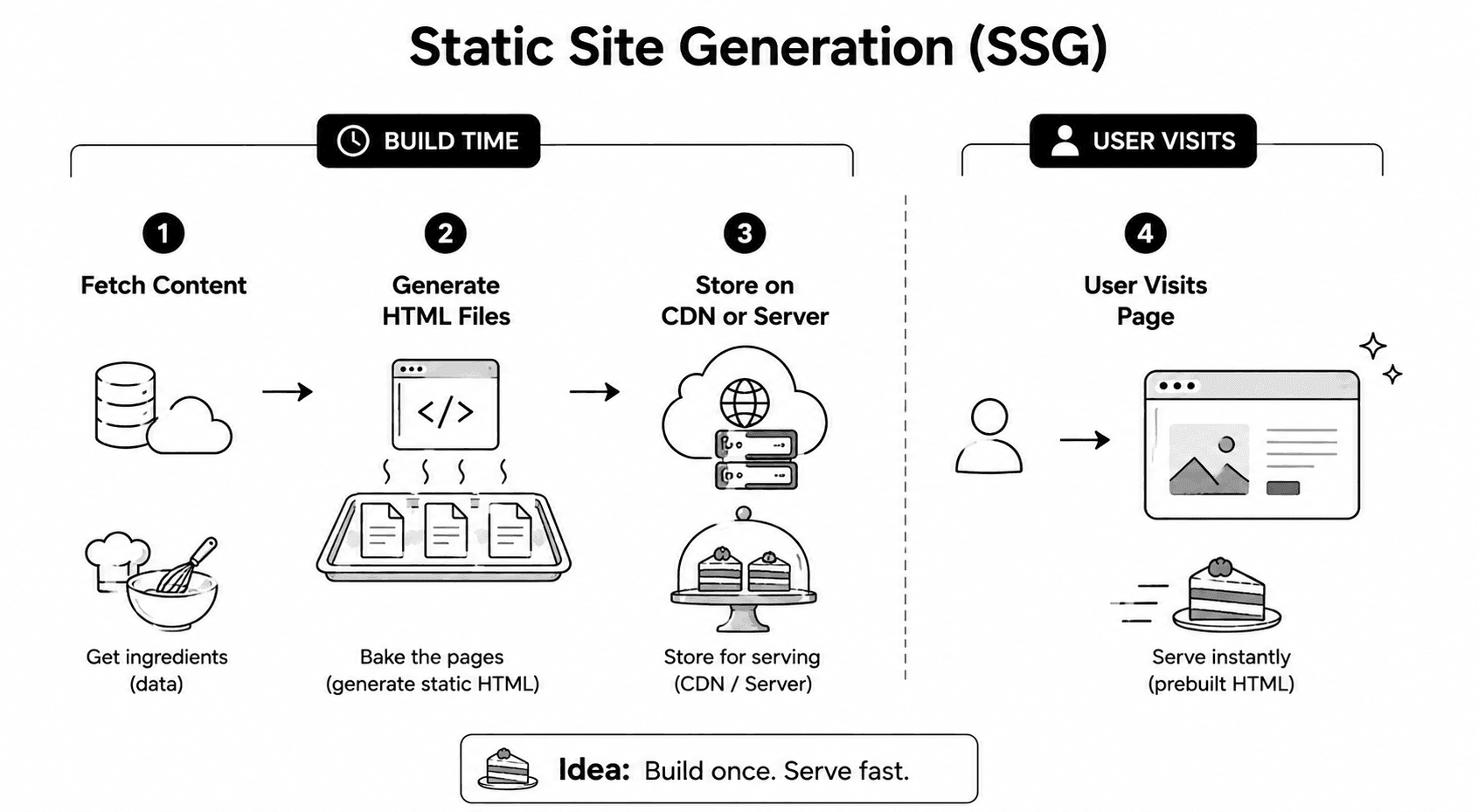 SSG flow showing pages generated at build time and served later from a CDN.